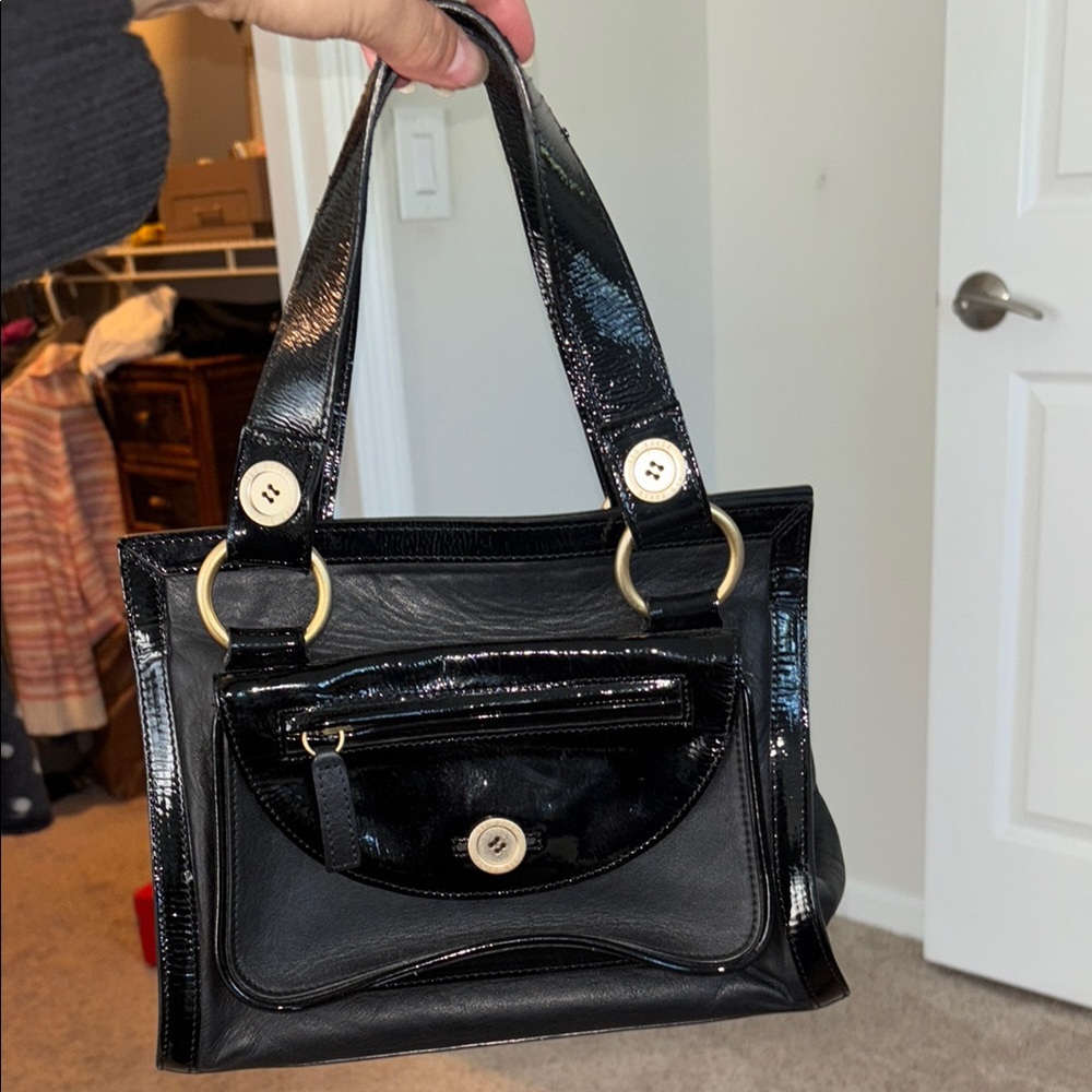 Glossy Black Patent Leather Shoulder Bag with Gold-Tone Hardware